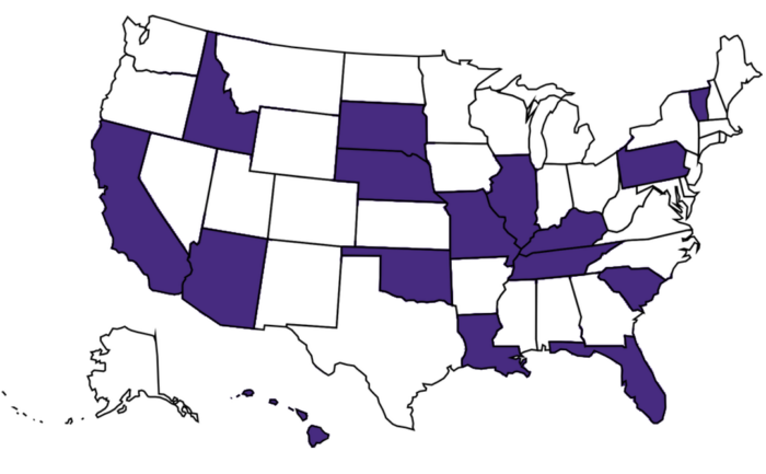 map of the united states with states authorized highlighted in purple.