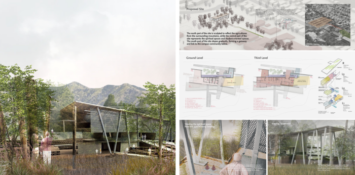 Left: a rendering of The Sylvan Hideaway, steel building very angular in a field of grass with mountains behind. Right: various concept plans showing where the location would stand, what each level would look like, and how it would look from the outside and inside.
