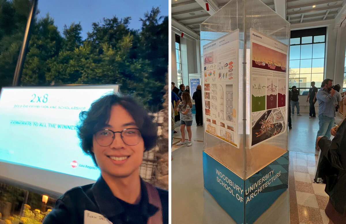 on the left, Ryan Del Poso at the ACLA 2x8 competition, smiling, wearing glasses with his hair parted. on the right, Ryans winning display and sketches are on a clear plastic case with "woodbury University school of architecture," written at the base.