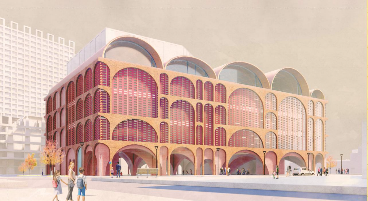 a color rendering of the Family Justice Center, arched columns and an arched roof in orange red stand tall on the street.
