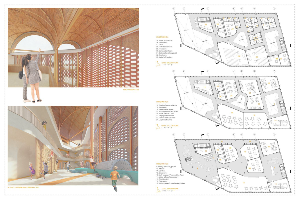 on the left, interior images of the space rendered in color, wooden arched ceiling and comforting grate windows. on the right, a full floorplan of the space from a birds eye view.